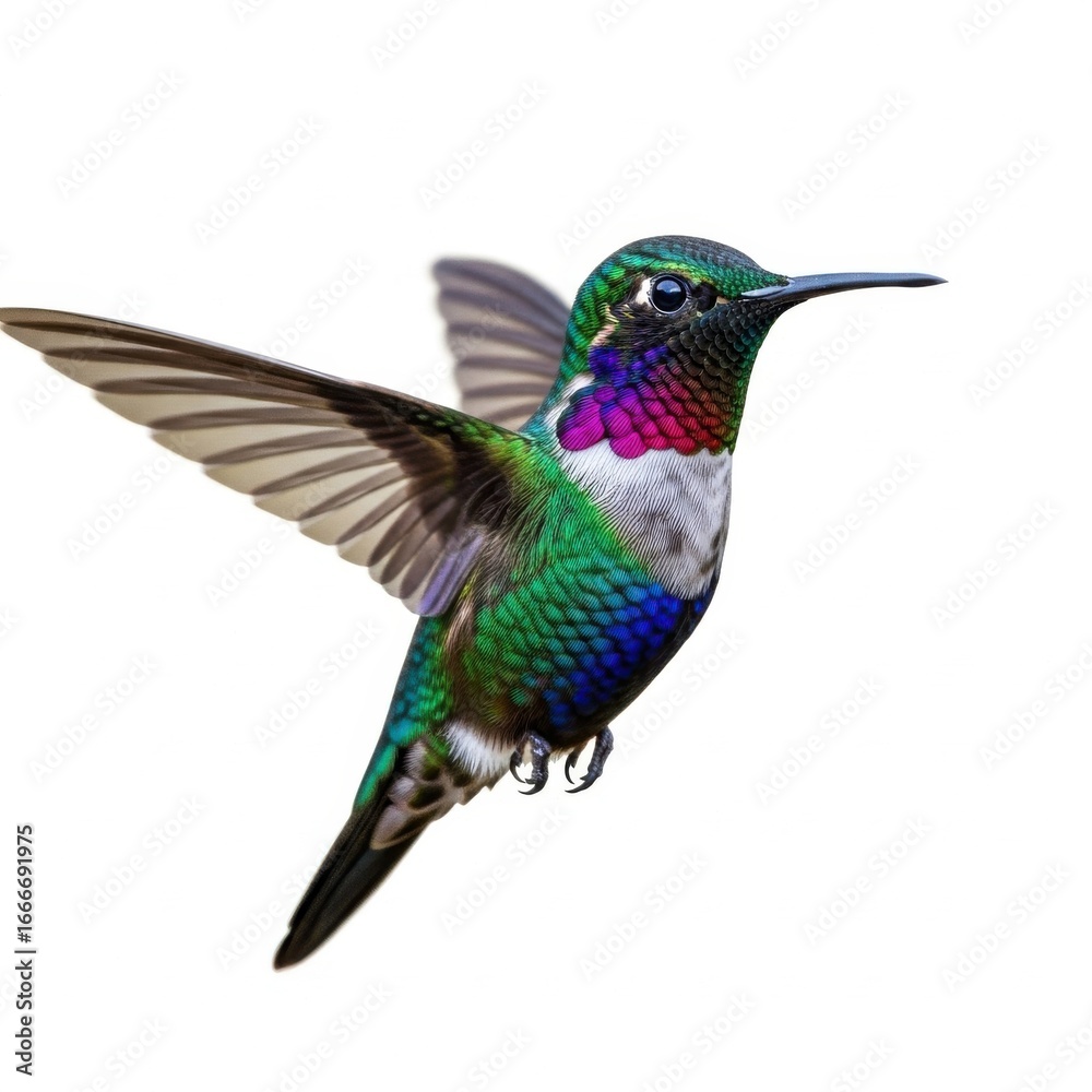 Fototapeta premium Colorful hummingbird in flight isolated on white background