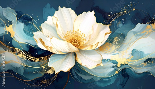 a wallpaper 3d botanical flowers with one big flower for whole artwork flowing alcohol ink style bioluminescence navy blue background, white, gold. blossom