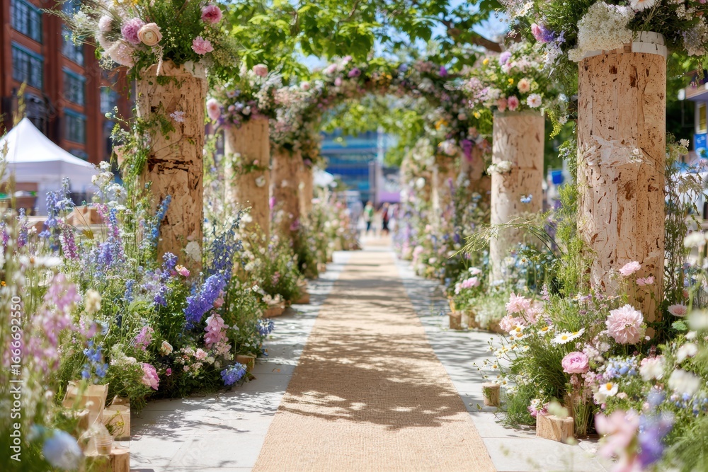 Fototapeta premium Charming Floral Pathway with Elegant Flower Arrangements and Rustic Pillars Surrounded by Lush Greenery in a Sunny Outdoor Setting Suitable for Celebrations and Events