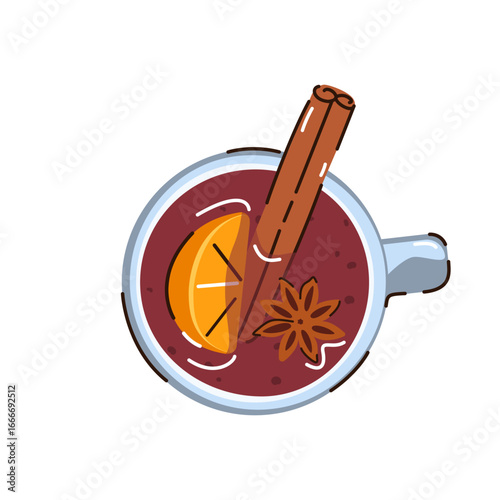 Mulled wine, punch, grog. Top view. Autumn, winter hot drink with cinnamon, orange, anise. Vector illustration.