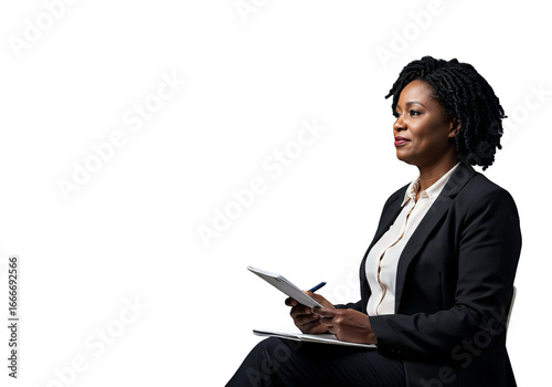 Black Businesswoman Sitting with Notebook, Transparent Background, Professional Portrait