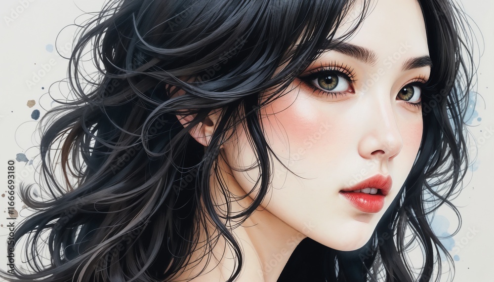 Naklejka premium 긴 어두운 머리가 바람에 흩날리고 화려한 아이 메이크업을 한 한국 여성의 그림
