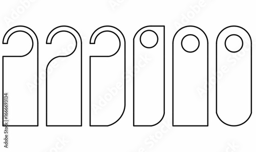 Outline door hanger mockup vector, minimal line art template with various shapes and hole styles, perfect for signage, labels, hotel room tags, and design use.