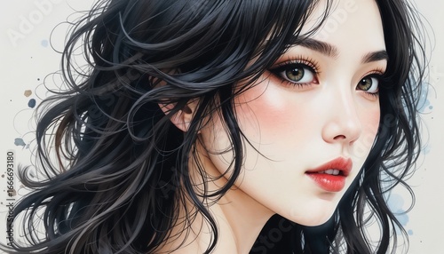 긴 어두운 머리가 바람에 흩날리고 화려한 아이 메이크업을 한 한국 여성의 그림
