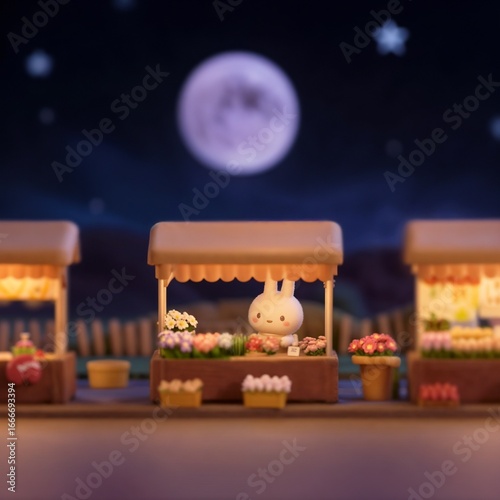 夜の花市場の3Dミニチュア、ランタンに照らされたかわいい小さな屋台と背景に大きな月、カワイイスタイルのふわふわの小さなウサギキャラクター