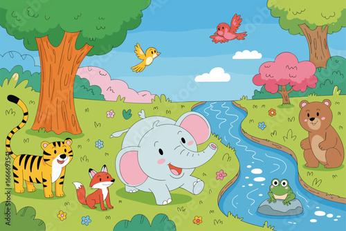 Playful Wildlife by a Stream in a Cartoon Forest Setting