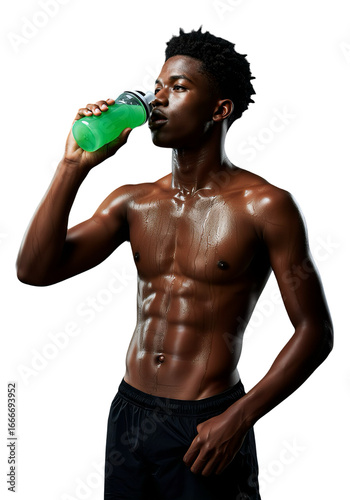 Athletic Black Man Drinking Sports Drink, Transparent Background