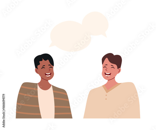Two young people are talking and laugh with speech bubble . Friends are having a casual conversation. The concept of communication, dialogue, discussion, and friendship. Flat vector illustration.