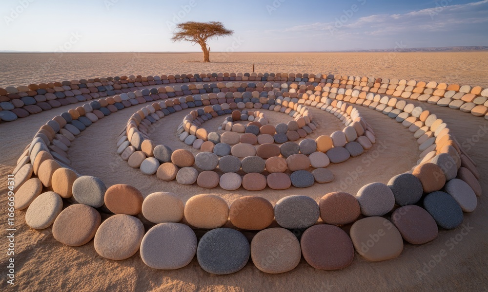 Obraz premium Stone spiral in desert with distant tree, soft light and shallow depth of field