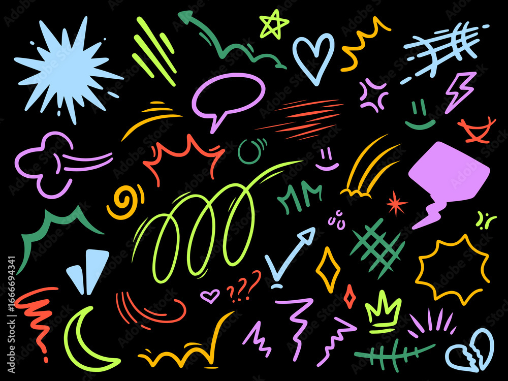 Obraz premium Set of colorful abstract doodle elements on a black background. Hand drawn comic style shapes, speech bubbles, and scribbles for vibrant and energetic design projects.