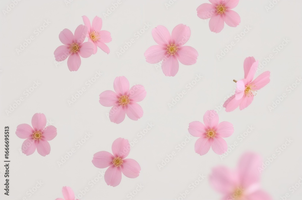 Three-dimensional pink blossoms featuring five petals and a yellow core drifting at various angles Three-dimensional pink blossoms featuring five petals and a yellow core drifting at various angles