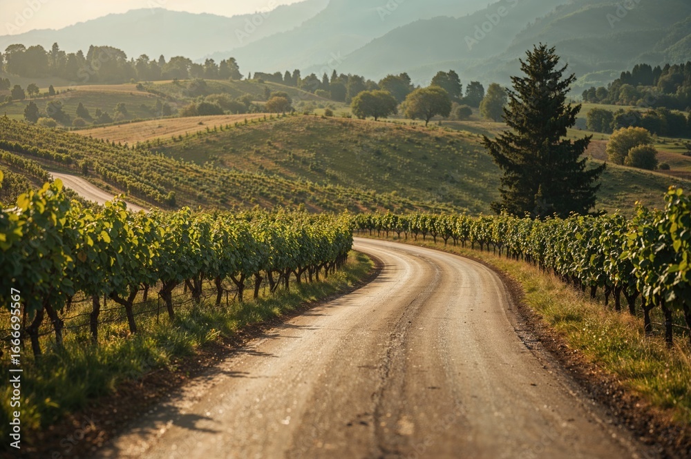 Fototapeta premium A rural pathway meandering through grape fields.