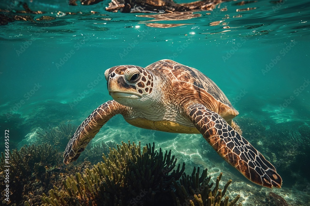 Obraz premium Close-up of a turtle underwater.