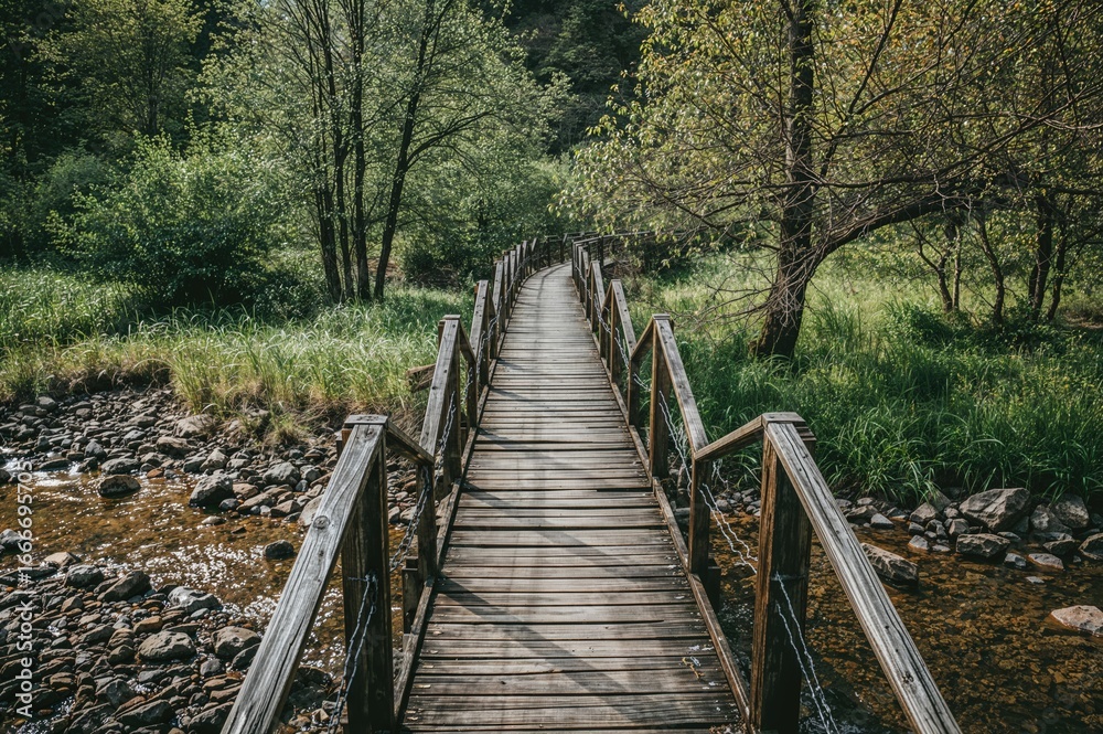 Obraz premium A rustic timber footbridge spanning a creek to avoid floodwaters, featuring a natural summer design and textured pattern with grass and wood elements