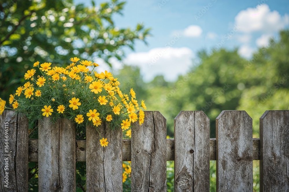 Fototapeta premium A weathered wooden barrier decorated with a bunch of vivid yellow cosmos flowers