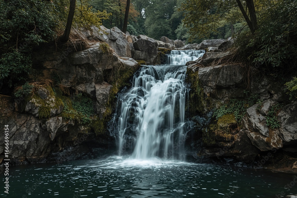 Obraz premium A vertical view of a stunning waterfall encircled by dark moss-covered stones.