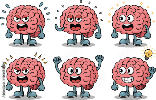 Six animated brains on shoes show diverse emotion with transparent background on a white setting