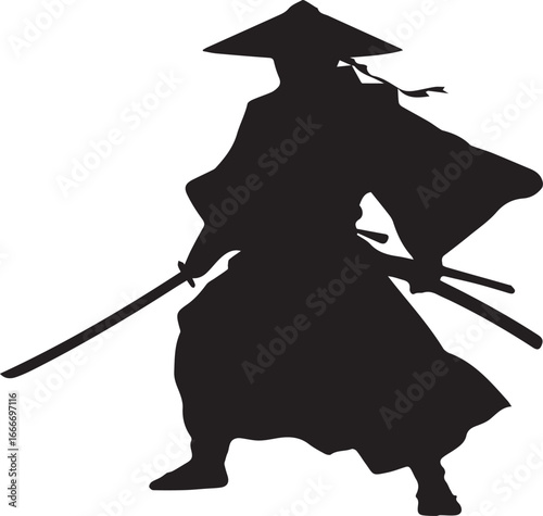 Black silhouette shows a samurai with swords wearing conical hat against transparent background