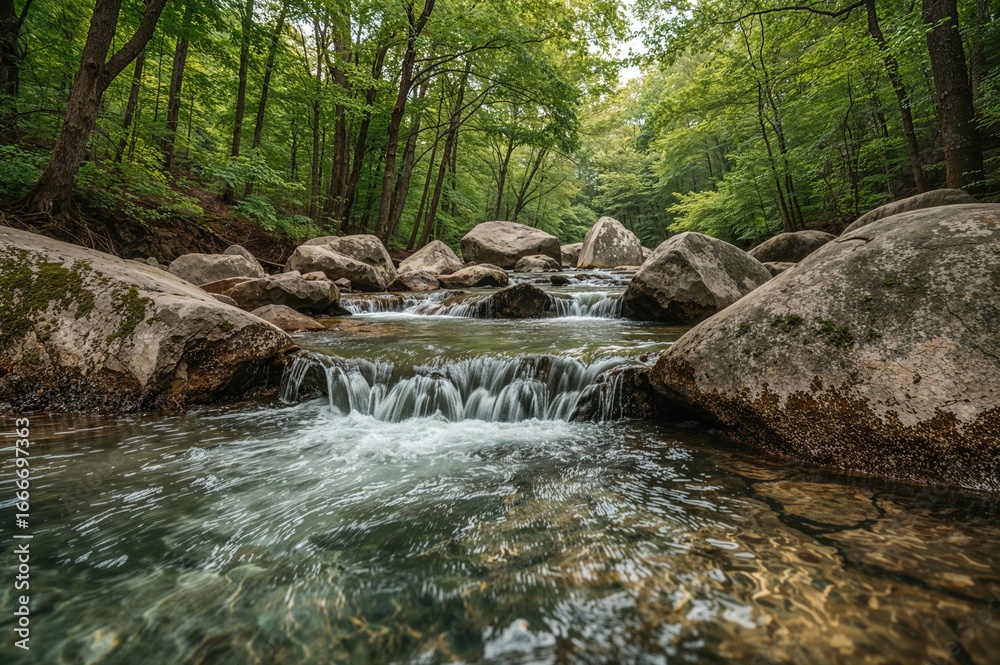 Naklejka premium A tranquil scene with clear water cascading over brown stones.