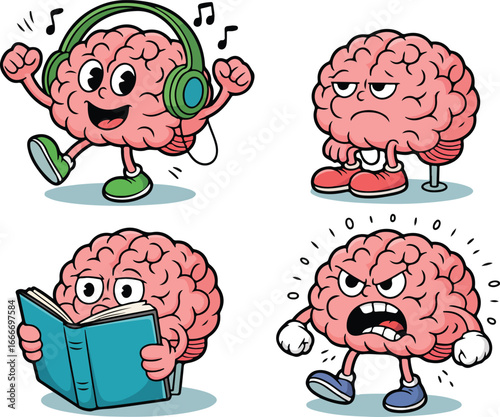 Cartoon brain shows varied emotions; listening music, reading, being upset, and angry on a transparent background