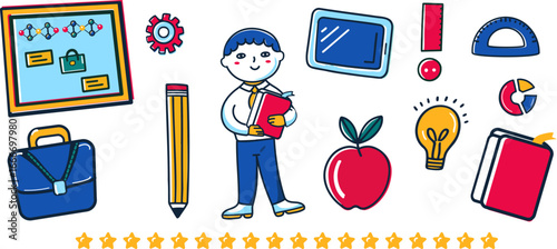 Boy in business suit of head of scientific company holds briefcase folder documents. School board graphs chemical formula graphs, gear pencil, light bulb, interesting project idea diploma presentation