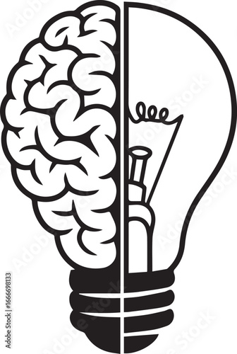 One half depicts a brain and the other features a light bulb in black