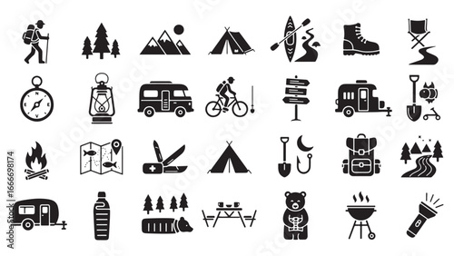Camping, outdoor adventure icon set