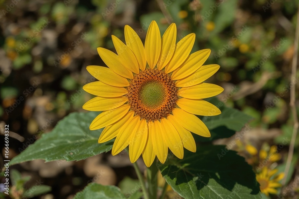 Obraz premium A radiant sunflower blooming along a scenic hiking path