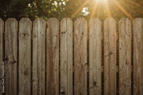 A sunlit wooden barrier wit...