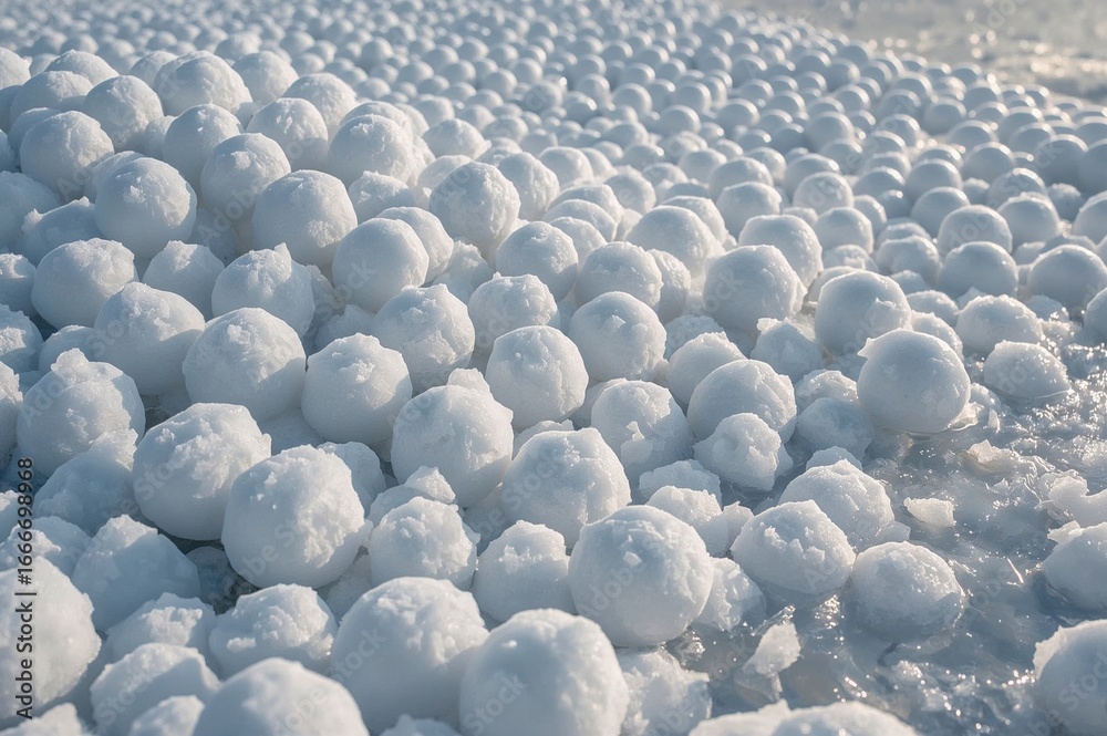 Obraz premium A pile of snowballs scattered on the snowy ground at the start of spring. The final remnants of fragile snow crystals.