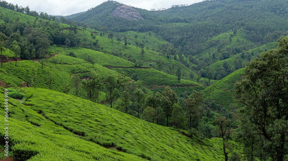 Fototapeta premium Lush tea plantations on rolling hills.