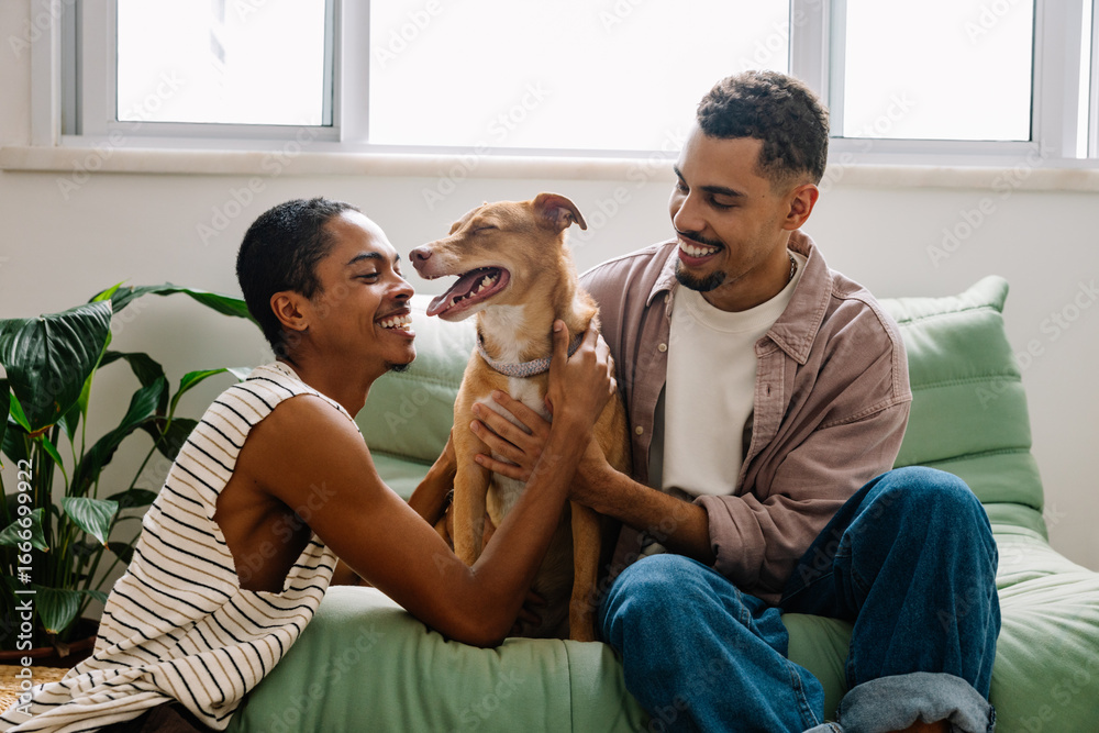 custom made wallpaper toronto digitalGay couple bonding with caramel rescue dog at home