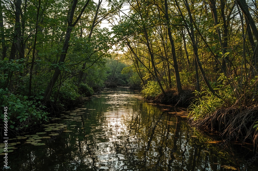 Obraz premium A river flowing through a marshy woodland with lush greenery during a summer sunset under a clear sky