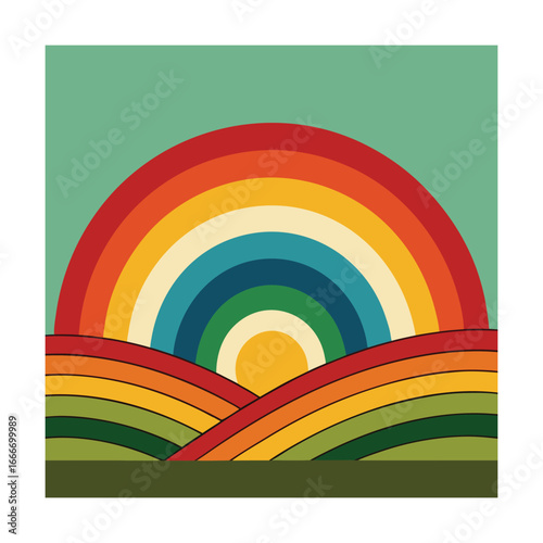 Stylized Rainbow Over Rolling Hills And Sun landscape