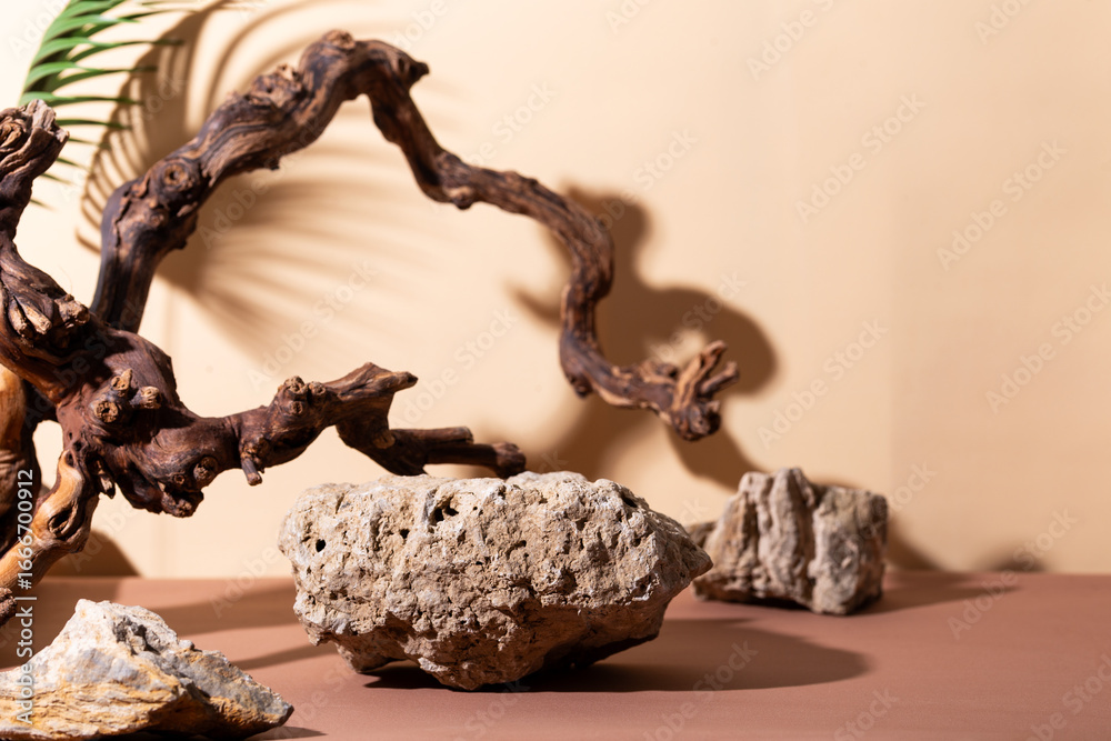 Fototapeta premium Stones on a beige and brown background and beautiful wooden branches. Cosmetic product mockup