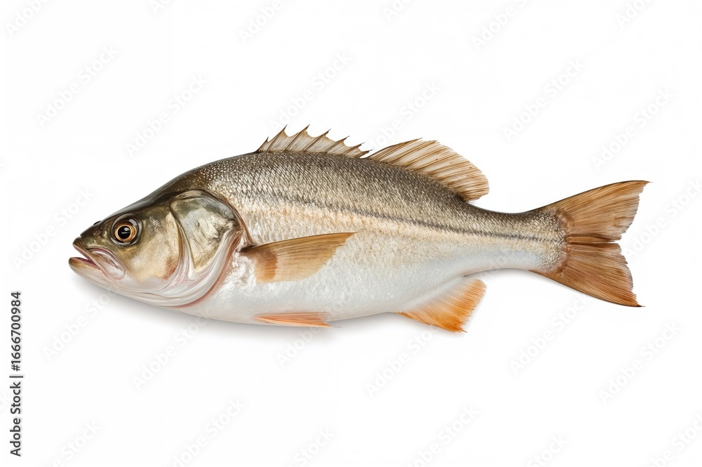 Fototapeta premium A vibrant red sea bass displayed on a plain white backdrop, isolated with a clipping path
