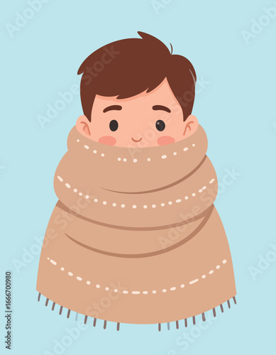 A cheerful boy bundled warmly in a large, cozy scarf against the cold.