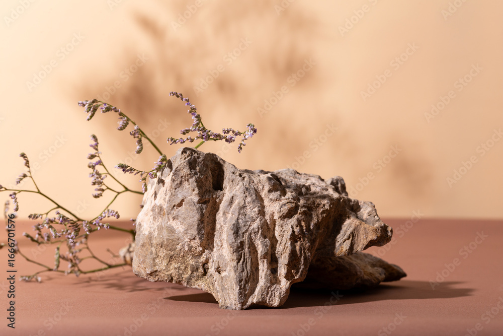 Obraz premium Stone on a beige and brown background with beautiful branch shadows and dry flowers. Cosmetic product mockup