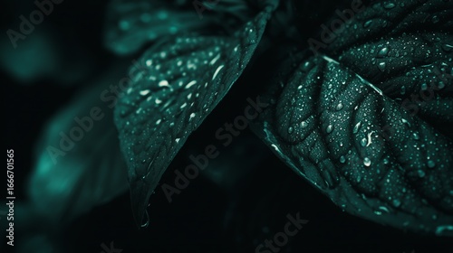 Close-Up of Dark Green Leaf with Water Droplets