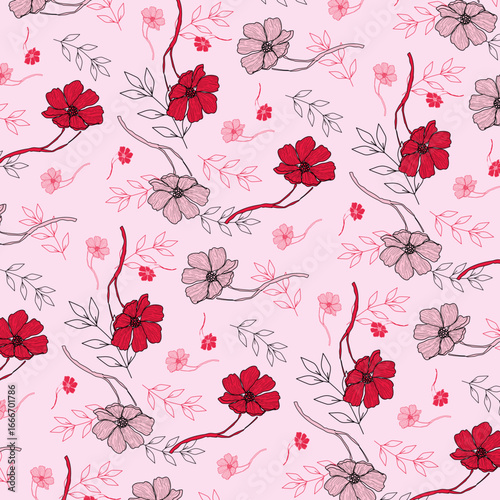 pattern con fiori rossi e rosa, rami con foglie nere su sfondo rosa pastello
