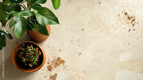 Top-Down View of Potted Plants on Terrazzo - Serene Indoor Arrangement