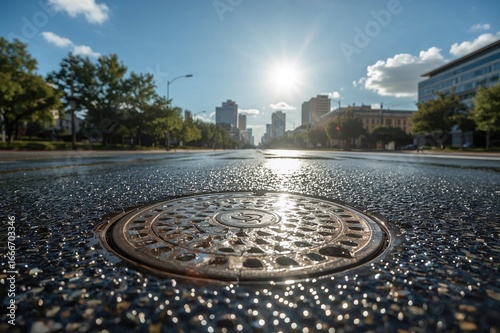 Metal manhole cover on stre...