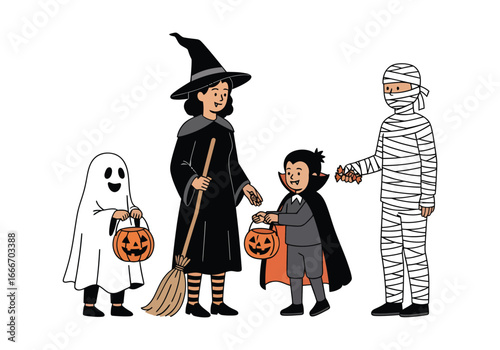 Four people in Halloween costumes, including a ghost, witch, vampire, and mummy, celebrating the holiday with pumpkin buckets.