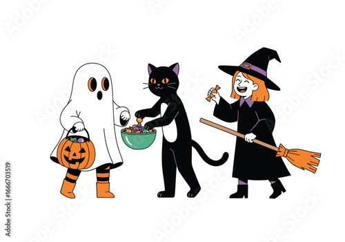 Halloween illustration with ghost, black cat, and witch in costume.