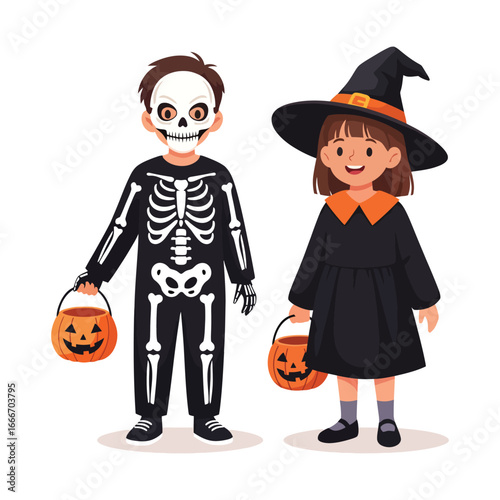 Two smiling children in Halloween costumes, a boy dressed as a skeleton and a girl as a witch, holding pumpkin candy buckets.
