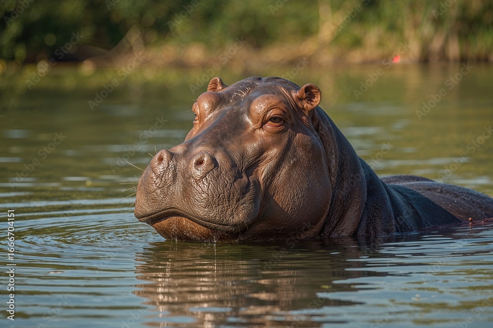 Fototapeta premium A big grey-brown hippopotamus relaxing in the water with eyes shut, enjoying the sunlight.