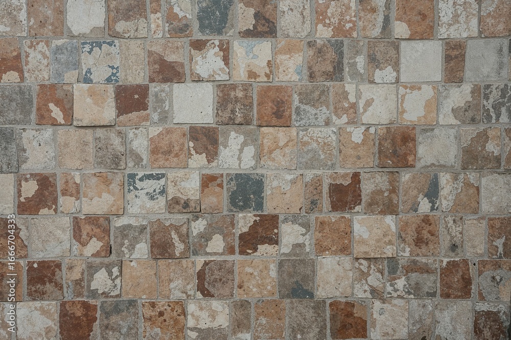 Fototapeta premium Vintage mosaic pattern embedded in cement over a concrete backdrop