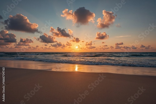 Fototapeta Naklejka Na Ścianę i Meble -  Stunning photo showcasing a mesmerizing sunset over the ocean shore. Every pixel radiates natural splendor. Ideal for serene and seaside motifs.