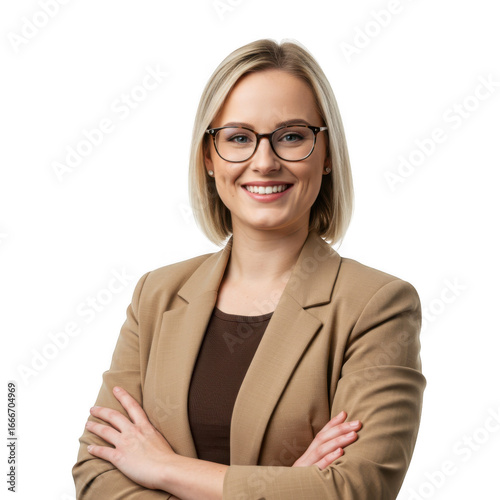 Smiling woman in blazer with glasses isolated on transparent background