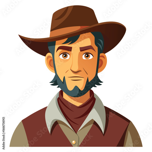 A head and shoulders cartoon illustration of a man wearing a brown cowboy hat, a dark beard, and a light-colored shirt with a reddish-brown vest.